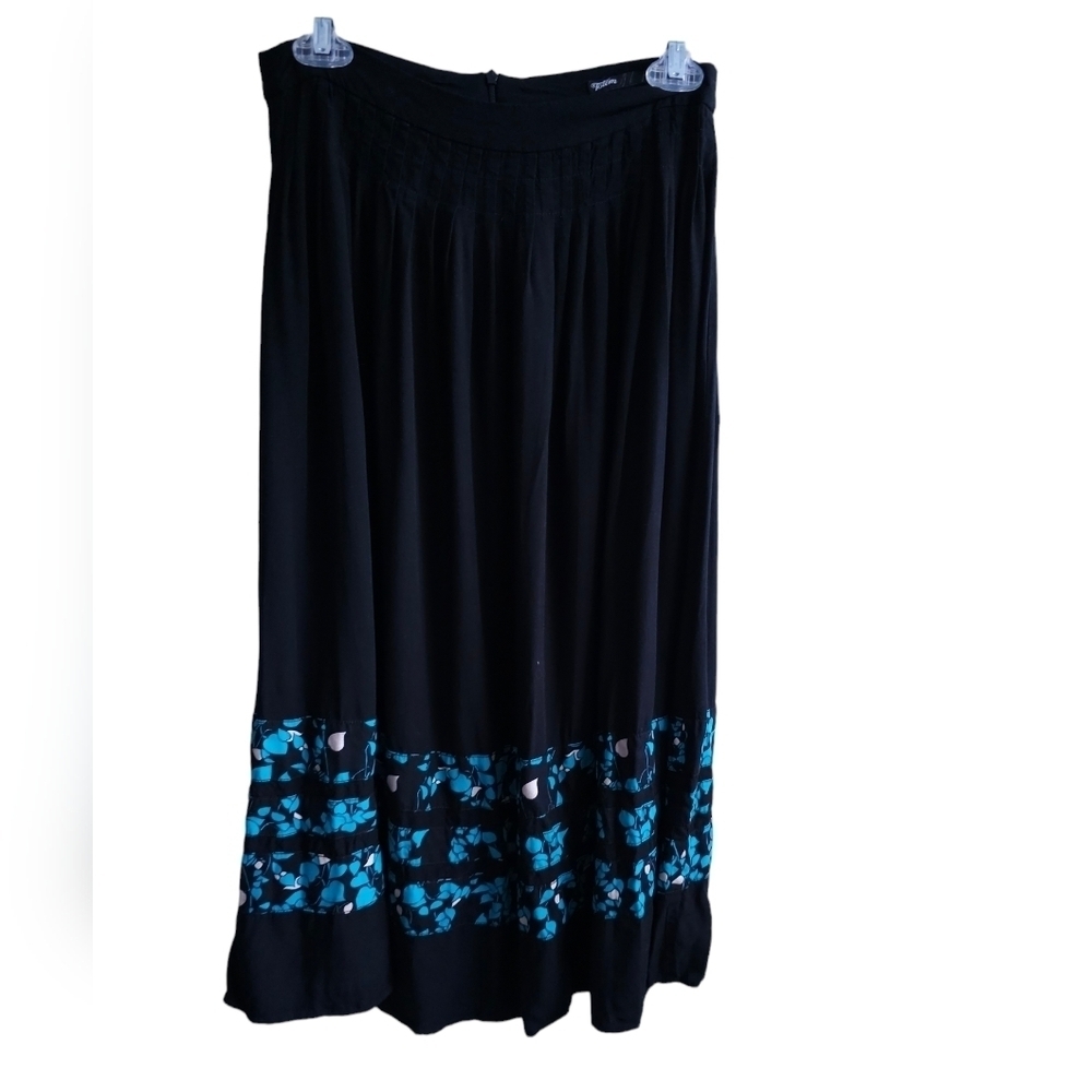Totem Garden Girl Black Pleated Midi Skirt w Patchwork Turquoise Leaves medium